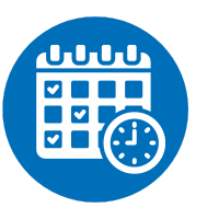 Blue circle with a calendar and clock icon.