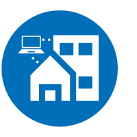 Blue circle with a house, office building and computer icon.
